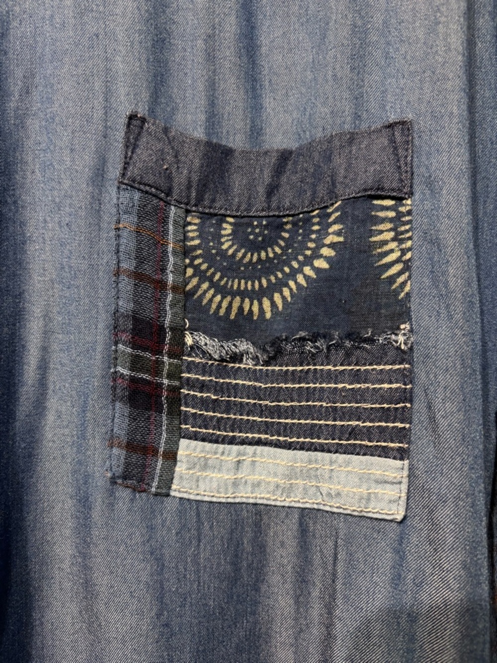 Johnny Was Workshop Blue Patchwork Denim & Plaid Button-Down - Picture 3 of 15